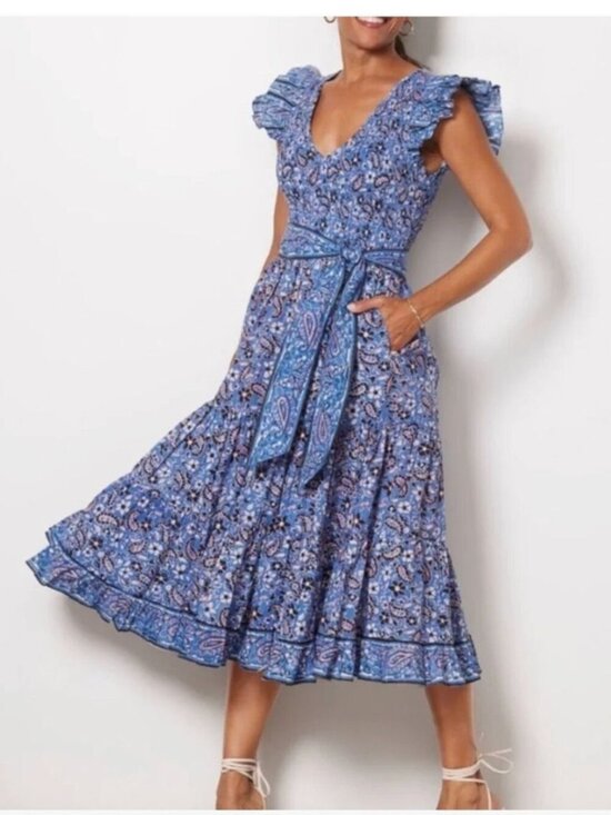 Cleobella Dresses & Skirts - Cleobella Autumn Ruffle Blue Paisley Midi Dress Small Organic Cotton Pockets
